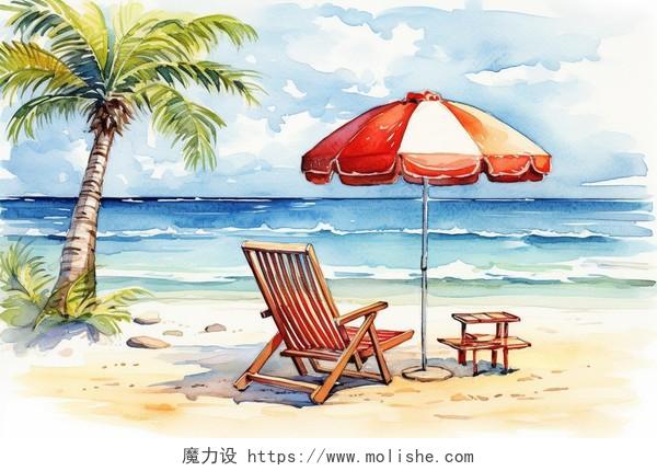 海边沙滩度假水彩卡通AI插画